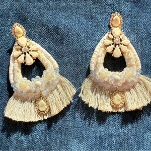 Handcrafted Cream Beaded Tassel Statement Earrings